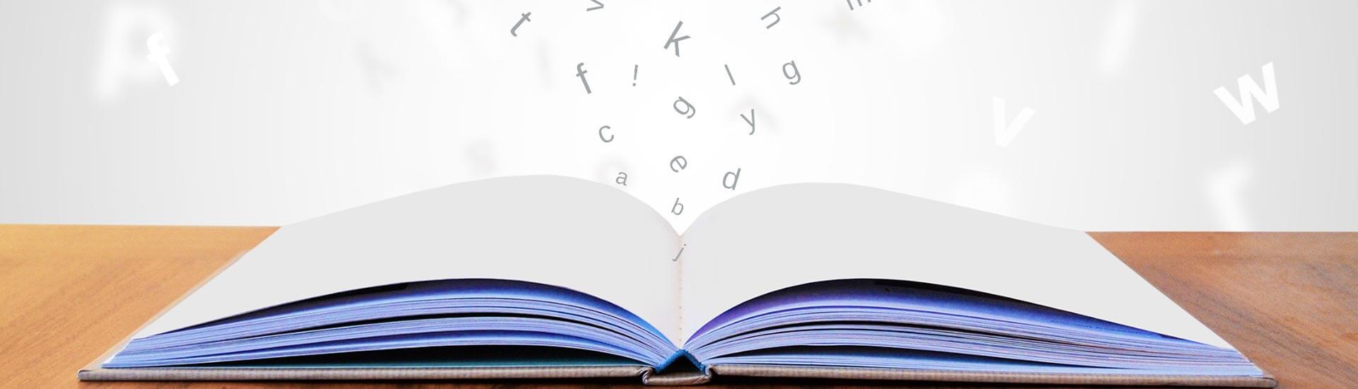 Book with flying letters